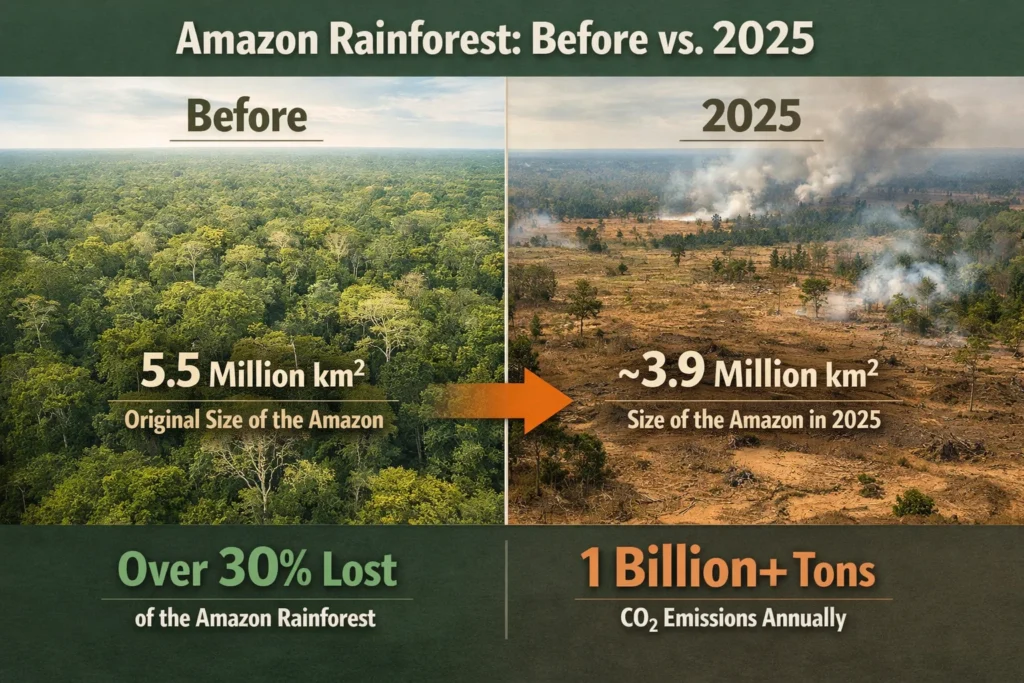 Amazon Rainforest "Before vs. 2025" graphic showing 30% deforestation and annual CO2 emissions.