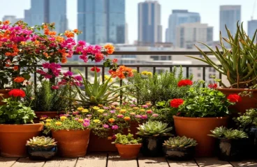 A collection of 10 best heat tolerant plants for balcony gardening in terracotta pots with a city view