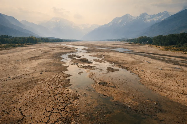 A European river in 2026 showing low water and an exposed riverbed with the Alps in the background.