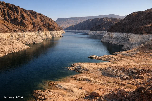 Lake Mead in 2026 showing low water and bathtub rings.