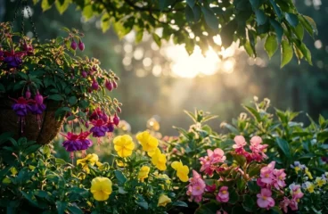 A lush garden with a variety of edible flowers like fuchsias and pansies growing in a shaded area without full sun