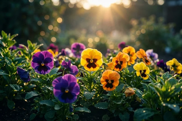Colorful edible Pansies with purple, yellow, and orange 'faces' blooming in a partially shaded garden bed