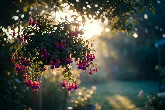 Vibrant pink and purple trailing Fuchsia flowers cascading from a hanging basket in a shaded garden