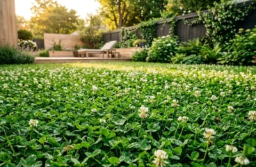 Lush green clover lawn in a modern backyard is a top 2026 gardening trend