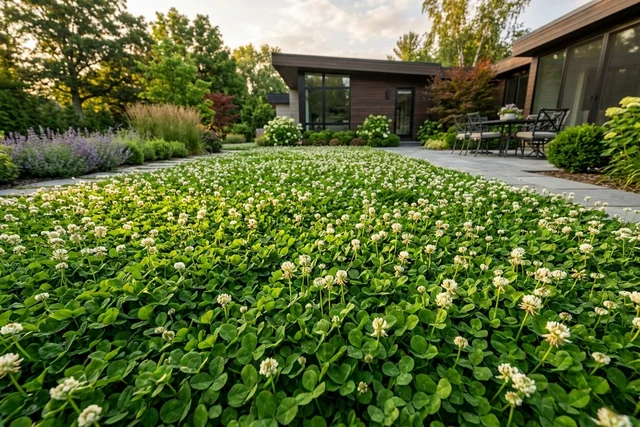 Lush white clover lawn with blossoms, a 2026 sustainable gardening trend