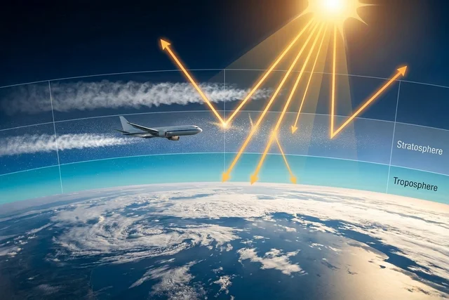Infographic showing how stratospheric aerosol injection reflects sunlight back to space.